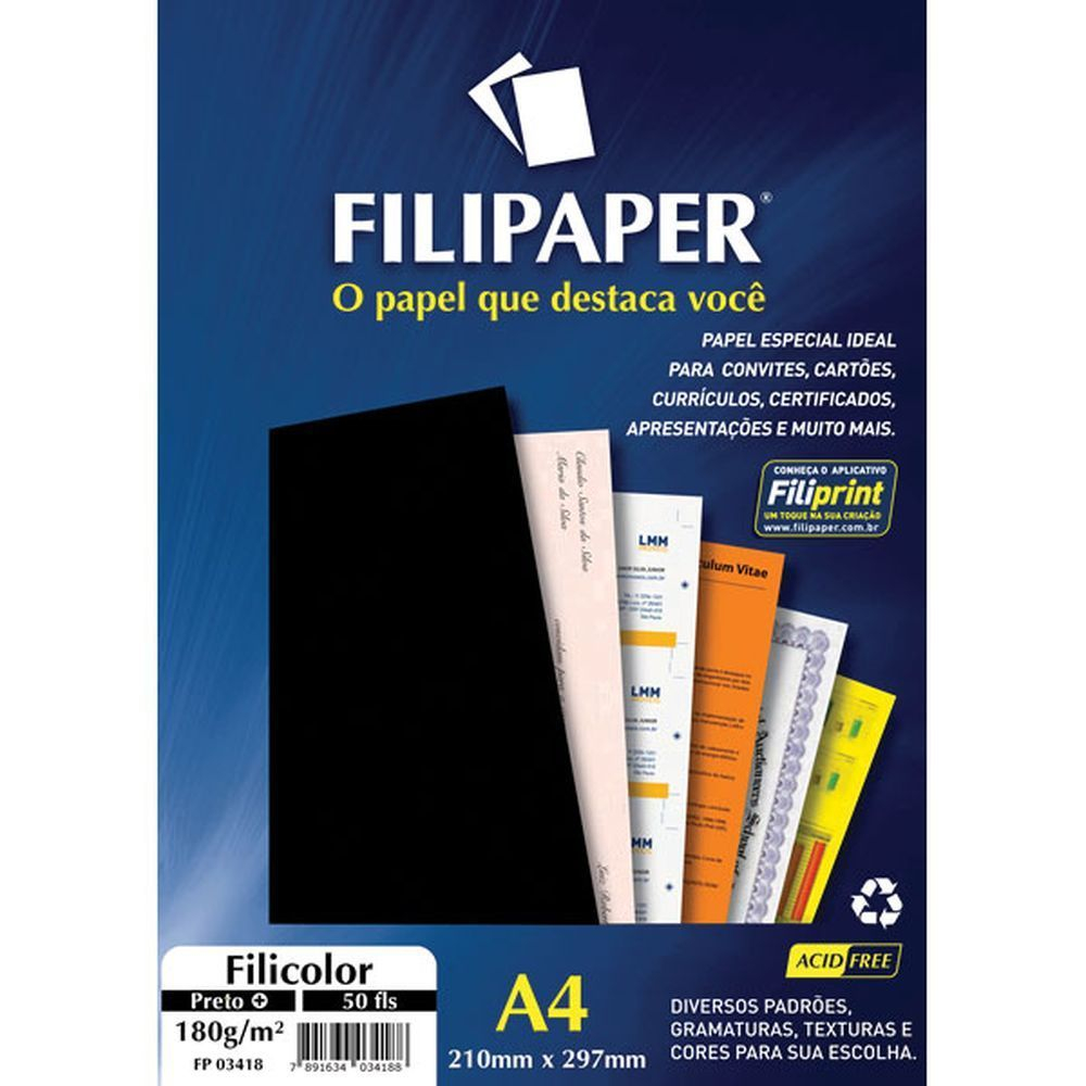 PAPEL A4 FILICOLOR 180G PRETO FILIPAPER na Papelaria MC Papéis