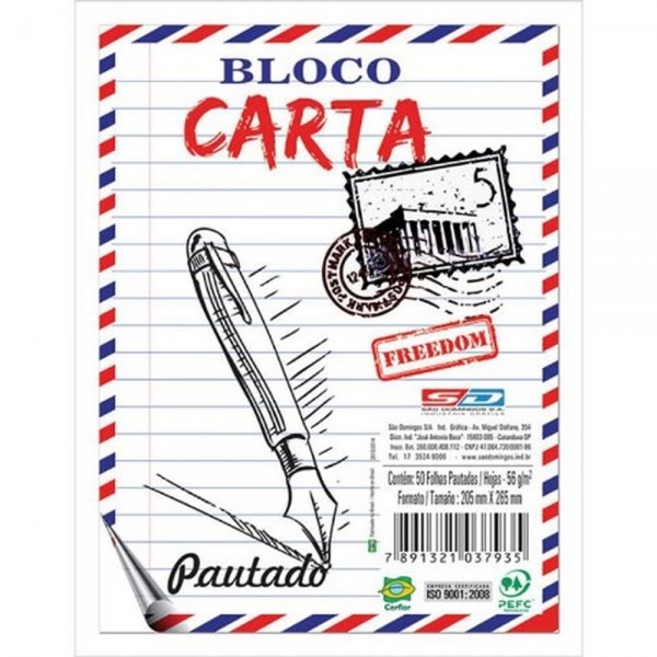 BLOCO DE CARTA PAUTADO SAO DOMINGOS 205X265MM 50FLS na Papelaria MC Papéis